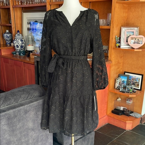 Nanette Lepore Dresses & Skirts - NWT Nanette Lepore Black Gold Sheer Sleeve Tiered Dress Party Dress 6